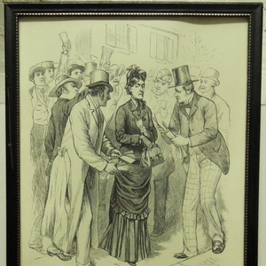Print from "Frank Leslie‘s Illustrated Newspaper, A Fair Voter Besieged by Ward Canvassers in Boston," 1879. Ink on paper. 